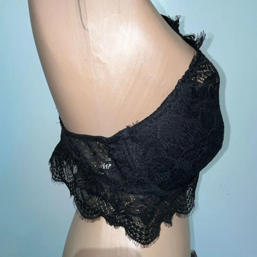 PINK Victoria's Secret Women's Black Floral Lace‎ Halter Push-up Bralette Large